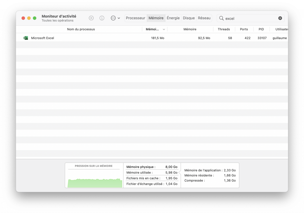 Capture d'écran du logiciel Moniteur d'activité sur macOS avec Excel sur processeur M1 en version native.