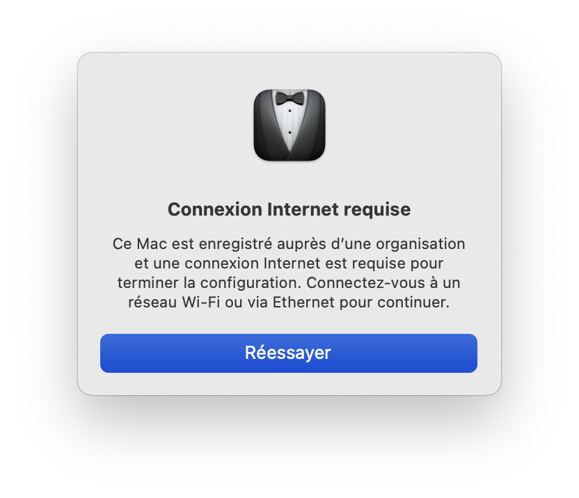 Capture d'écran de l'Assistant réglages de macOS Ventura  indiquant qu'une connexion à Internet est requise.