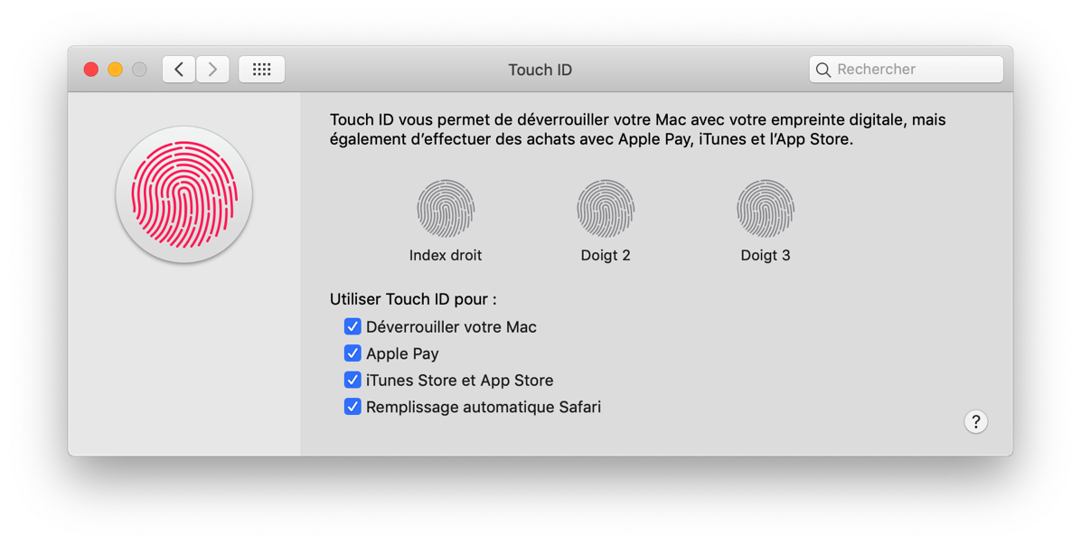 Renommer un doigt avec Touch ID dans la préférence Système Touch ID